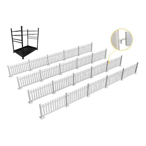 A white box with Mod-Picket white picket fence panels and post connectors.