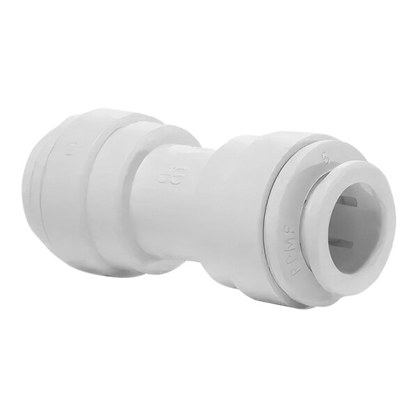 A white plastic John Guest polypropylene pipe fitting with nozzles.