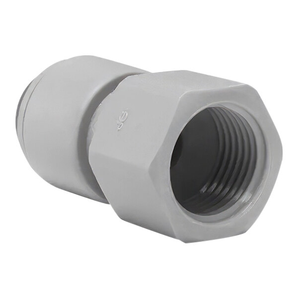 A close-up of a John Guest grey plastic pipe fitting with threaded ends.