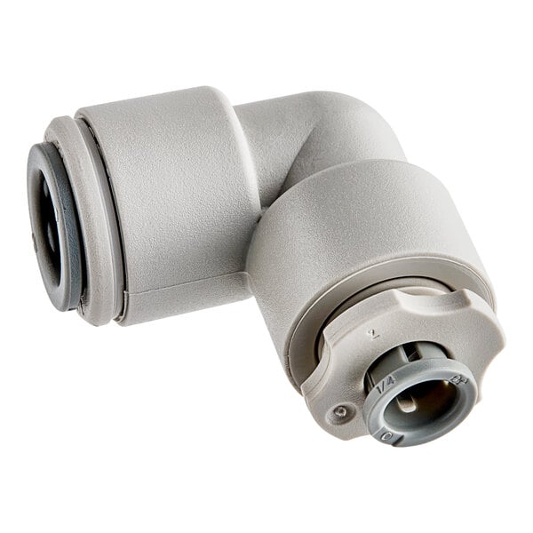 A John Guest grey plastic pipe elbow with a white connector.