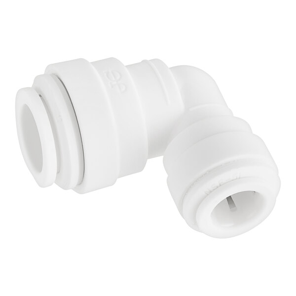 A close-up of a white John Guest polypropylene pipe fitting.