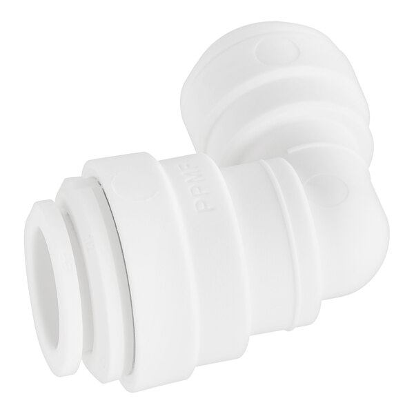 A close-up of a John Guest white polypropylene pipe fitting.