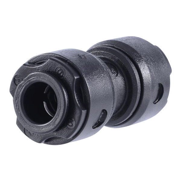 A John Guest black acetal pipe fitting with a black nut.