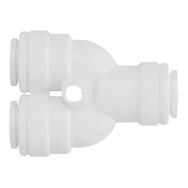 Two white John Guest polypropylene pipe fittings connected to a white circle with a hole in it.