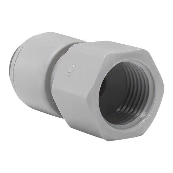 A close-up of a grey John Guest plastic pipe fitting with threaded ends.
