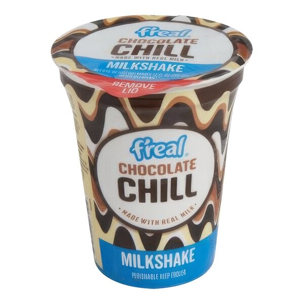 A f'real chocolate chill milkshake container.