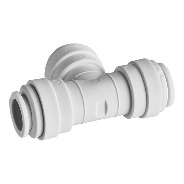 A John Guest white polypropylene pipe fitting with two connections.