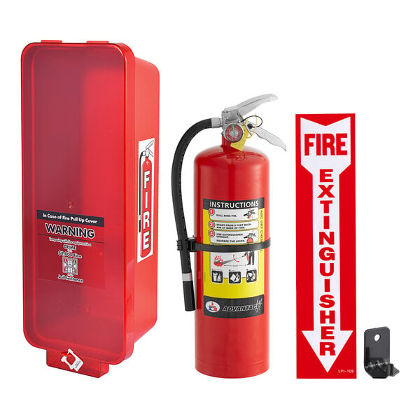 A red Badger fire extinguisher in a red Cato plastic cabinet with a red pull cover.