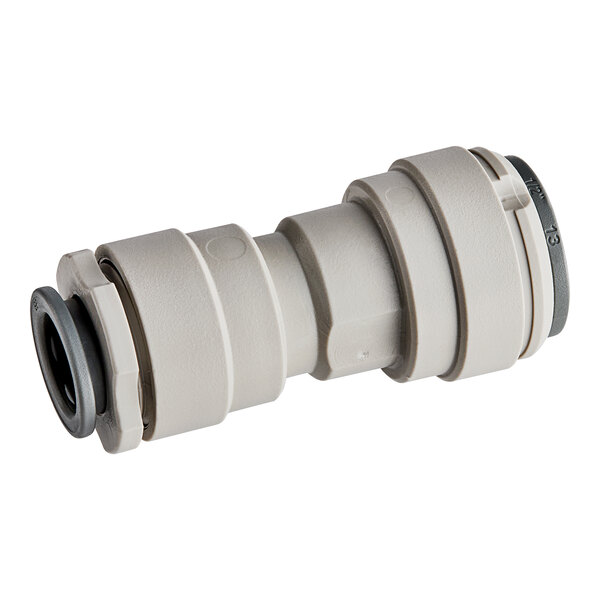 A grey plastic John Guest pipe fitting with white Superseal ends.