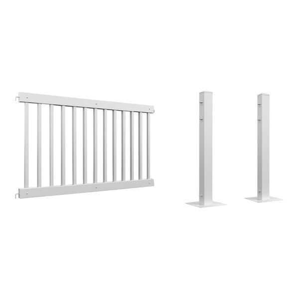 A white metal fence with bars and two poles.