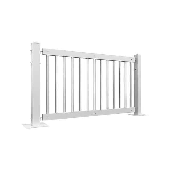 A white Mod-Traditional metal fence panel with metal posts.