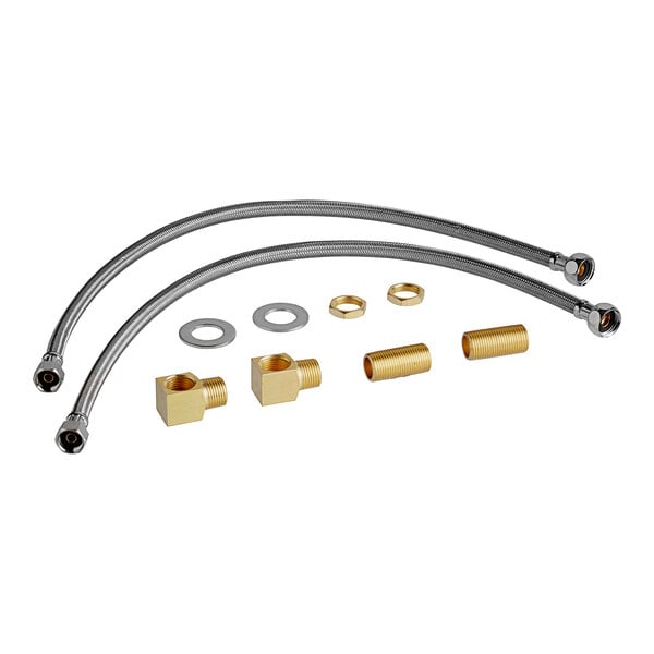 A Regency faucet installation kit with metal pipes, nuts, and brass fittings.
