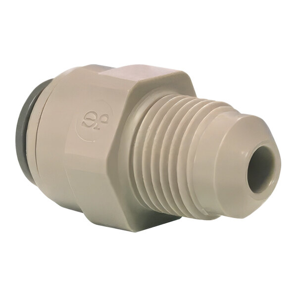 A close-up of a John Guest gray and white plastic male connector.