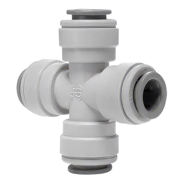 A John Guest gray acetal pipe fitting shaped like a cross with two grey connectors.