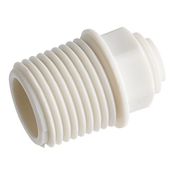 A close up of a John Guest white polypropylene threaded pipe fitting.