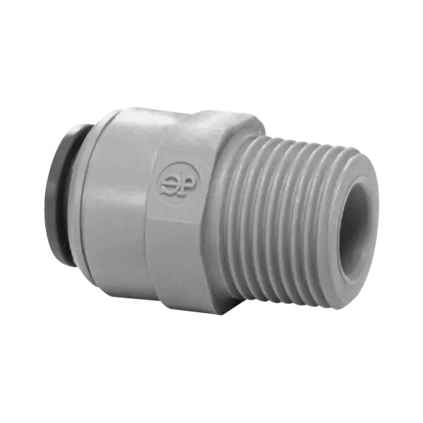 A John Guest grey plastic threaded pipe fitting with black and white accents.