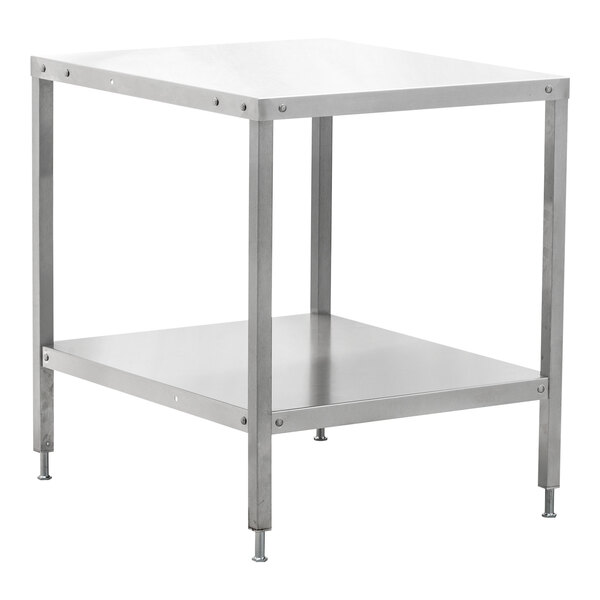 A stainless steel Hobart table with chrome feet and a shelf.