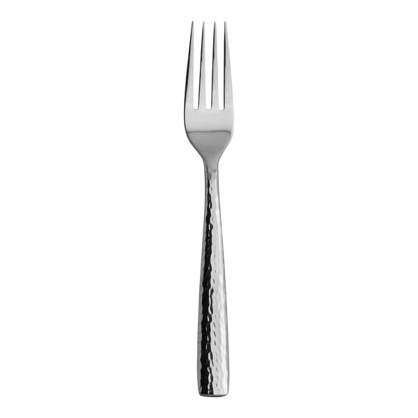 A close up of a Varick Becki stainless steel fork with a textured silver handle.