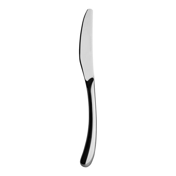A silver Varick Moon heavy weight dinner knife with a black handle.