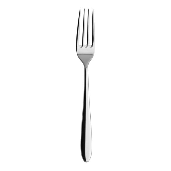 A close up of a Varick salad/dessert fork with a silver handle.