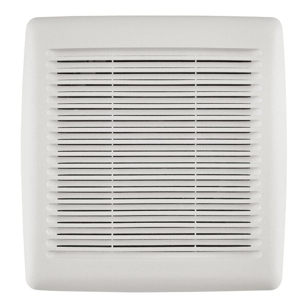 A close-up of a white Broan Flex Series bathroom ventilation fan with holes.