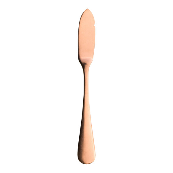 A close up of a Varick Fulton vintage copper stainless steel butter knife.