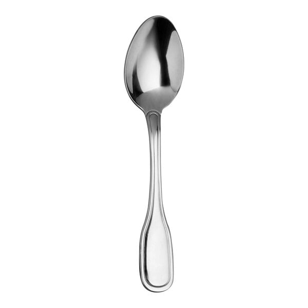 A close-up of a Varick Marina stainless steel dessert spoon with a silver handle and spoon.