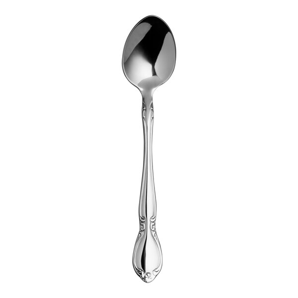 A Varick Flora stainless steel teaspoon with a handle.