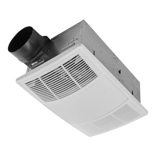 A white rectangular Broan bathroom exhaust fan with a vent.