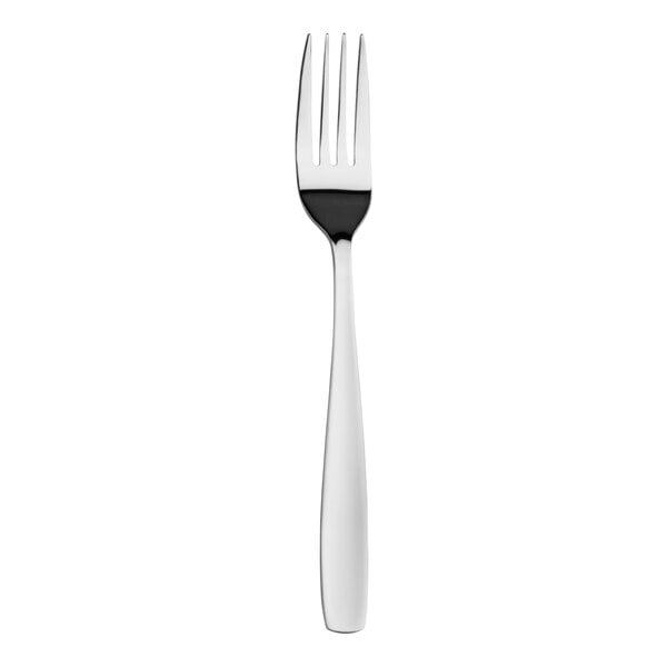 A silver fork with a white handle.