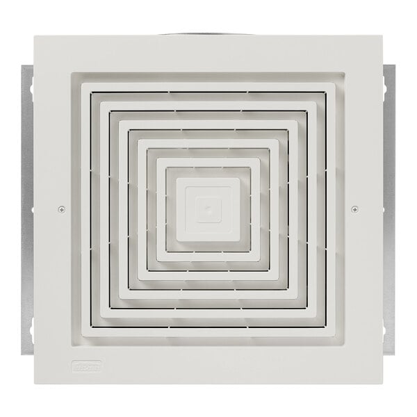 A white square Broan ceiling ventilation fan with four square grids.