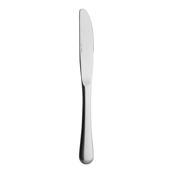 A silver Varick Fulton Vintage stainless steel dinner knife with a white handle.