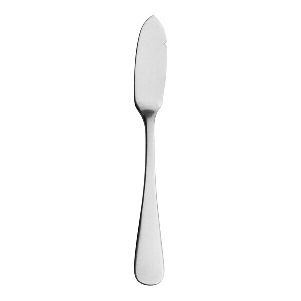 A close up of a Varick Fulton vintage stainless steel butter knife with a white handle.