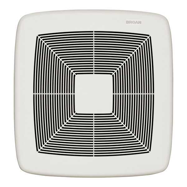 A white square bathroom exhaust fan with black lines on the cover.
