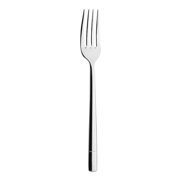 A close up of a silver Varick Marnee dinner fork with a white handle.