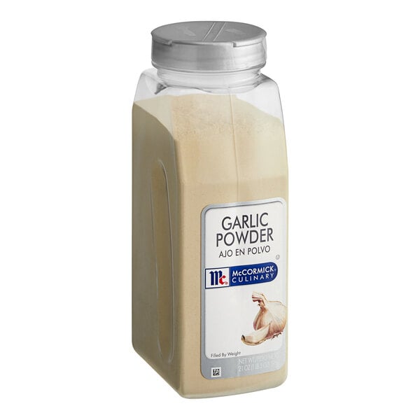 A McCormick Culinary plastic container of garlic powder with white label.