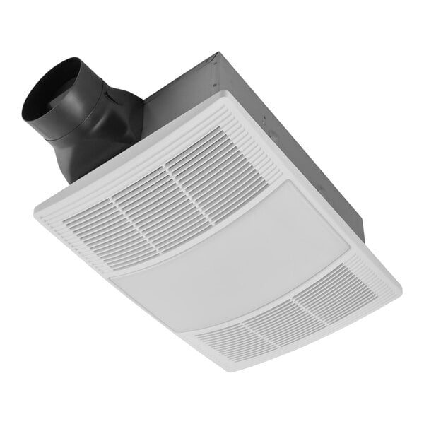 A white ceiling exhaust fan with a black vent cover.