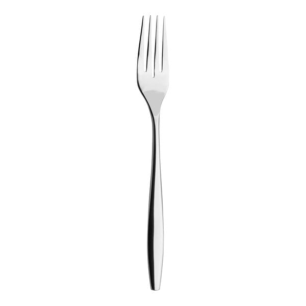 A close-up of a Varick Avina stainless steel dinner fork with a black and white background.