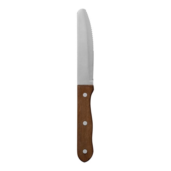 A Varick steak knife with a rounded serrated stainless steel blade and a pineapple wood handle.
