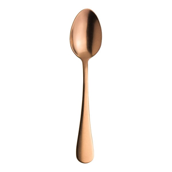 A Varick Fulton stainless steel coffee spoon with a copper handle.