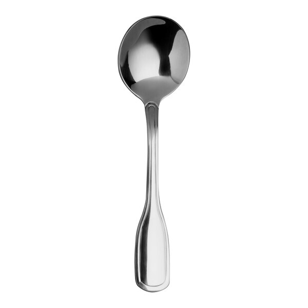 A long silver bouillon spoon with a white handle.