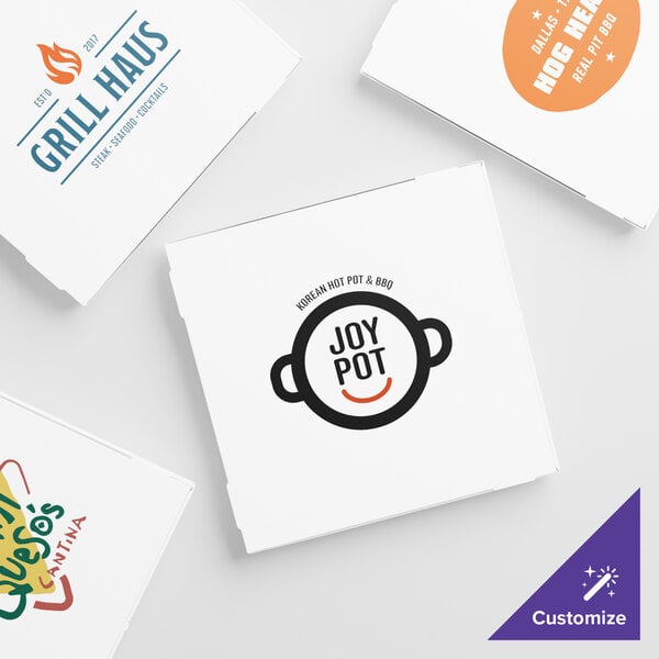 A group of white Choice pizza boxes with orange logos.