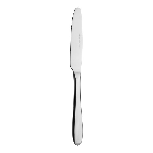 A Varick Avery stainless steel dinner knife with a silver handle.