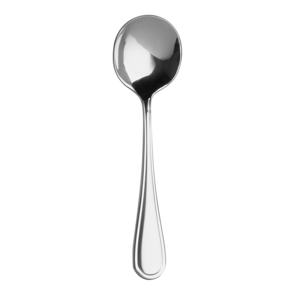 A close-up of a Varick Charleston stainless steel bouillon spoon with a silver handle.