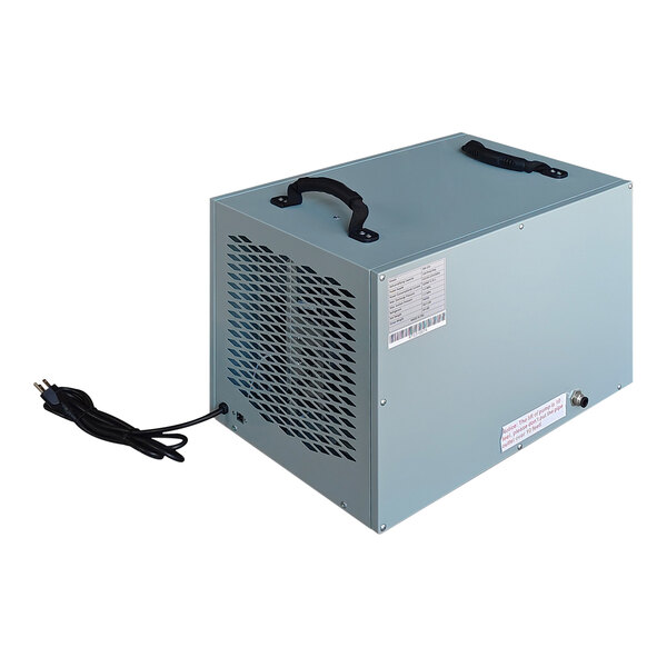 A grey rectangular box with a black cord and handle.