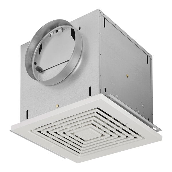 A Broan white metal box with a round metal ring for ceiling mounting.