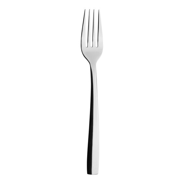 A stainless steel salad/dessert fork with a silver handle.
