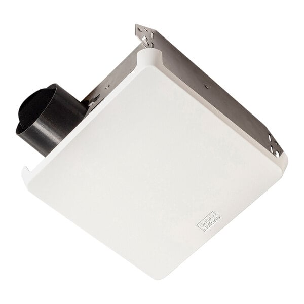 A white rectangular Broan bathroom exhaust fan with a black vent.