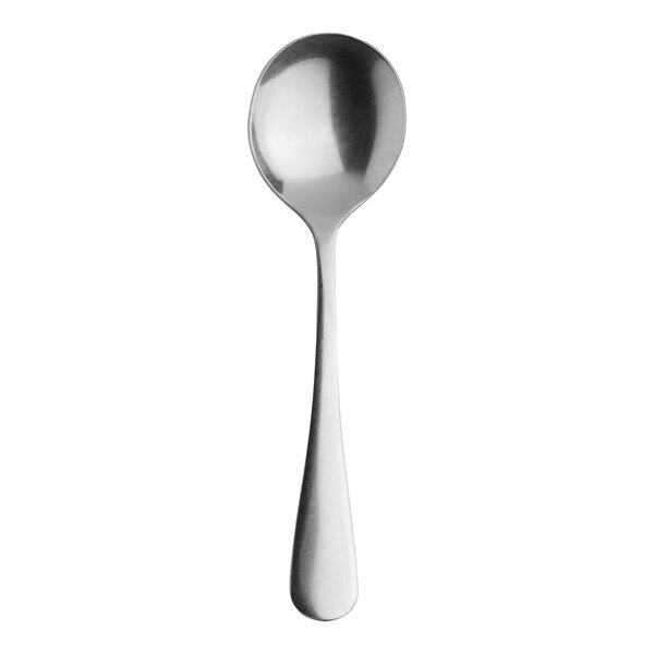 A close-up of a Varick Fulton Vintage stainless steel bouillon spoon with a silver handle.