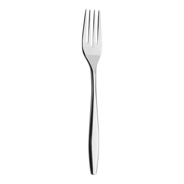 A close-up of a Varick Avina stainless steel salad/dessert fork with a silver handle.